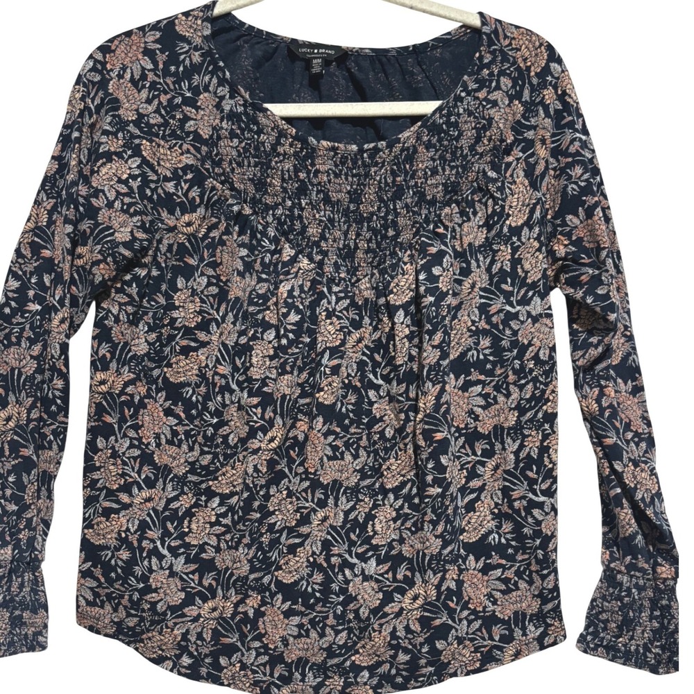 Lucky Brand Floral Smocked Neck Long Sleeve Boho top Women's sz M Cottagecore